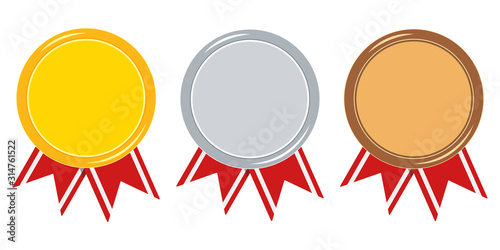Medal with red ribbon set isolated on white background golden, silver, bronze template with empty space
