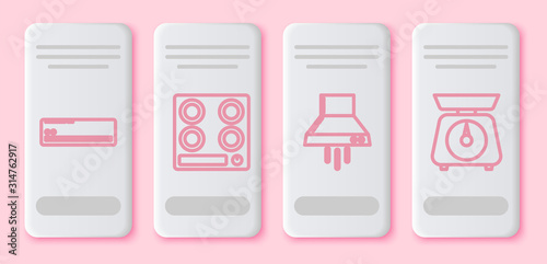 Set line Air conditioner , Gas stove , Kitchen extractor fan and Scales . White rectangle button. Vector