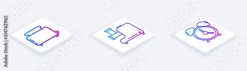 Set Isometric line Toaster with toasts , Kitchen meat grinder and Alarm clock . White square button. Vector