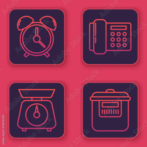 Set line Alarm clock , Scales , Telephone and Slow cooker . Blue square button. Vector