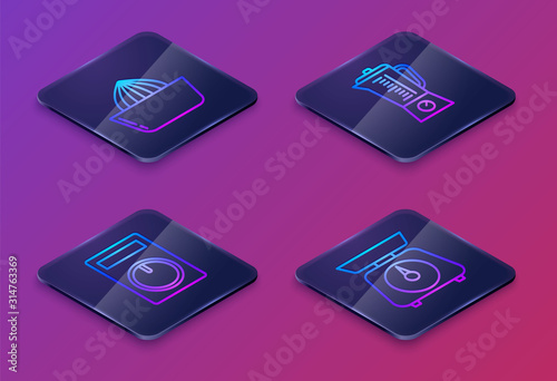 Set Isometric line Citrus fruit juicer , Remote control, Blender and Scales . Blue square button. Vector