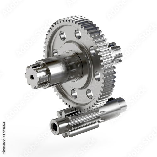 Spur gear, Gear-shaft on white background, 3D rendering.