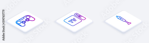 Set Isometric line Gamepad , TV box receiver and player with remote controller and Blender . White square button. Vector