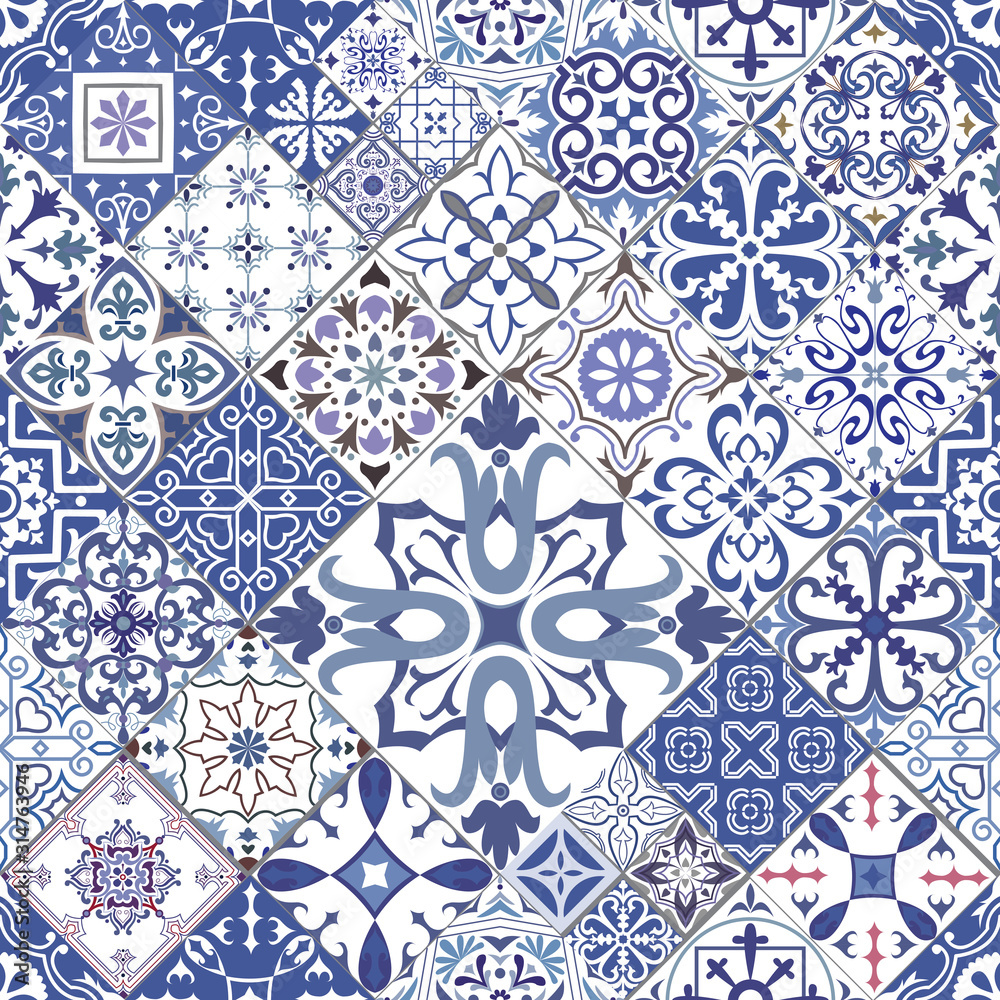 Ыeamless tiles background in portuguese style. Back and white mosaic background in dutch, portuguese, spanish, italian style.