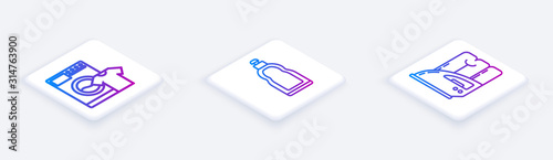 Set Isometric line Washer and t-shirt , Plastic bottles for liquid dishwashing liquid and Electric iron and towel . White square button. Vector