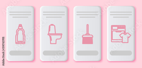 Set line Plastic bottles for liquid dishwashing liquid, Toilet bowl , Handle broom and Washer and t-shirt . White rectangle button. Vector