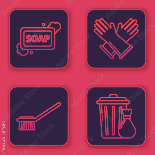 Set line Bar of soap with foam , Toilet brush , Rubber gloves and Trash can and garbage bag . Blue square button. Vector