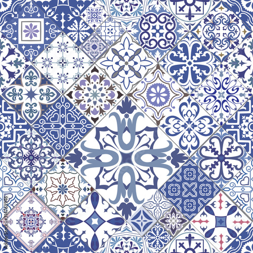 Ыeamless tiles background in portuguese style. Back and white mosaic background in dutch, portuguese, spanish, italian style.