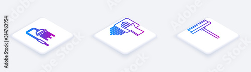 Set Isometric line Shower head with water drops flowing , Cleaning service and Squeegee, scraper, wiper. White square button. Vector