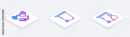Set Isometric line Rubber gloves , Trash can and Trash can . White square button. Vector
