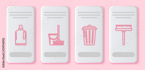 Set line Plastic bottles for liquid dishwashing liquid, Mop and bucket , Trash can and Squeegee, scraper, wiper. White rectangle button. Vector