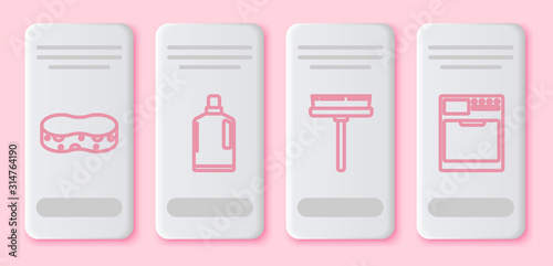 Set line Sponge , Plastic bottles for liquid dishwashing liquid, Squeegee, scraper, wiper and Washer . White rectangle button. Vector