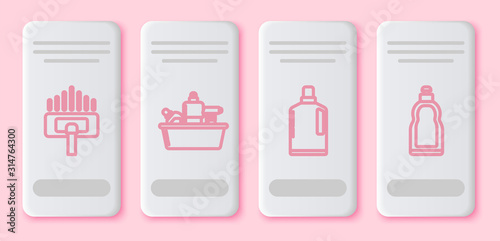 Set line Vacuum cleaner, Plastic bottles for liquid dishwashing liquid. White rectangle button. Vector