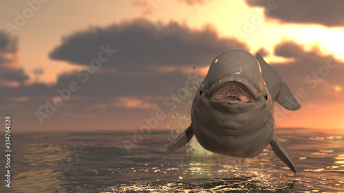Obraz na plátně Front view of beluga whale smiling in air out jumped out of water 3d rendering