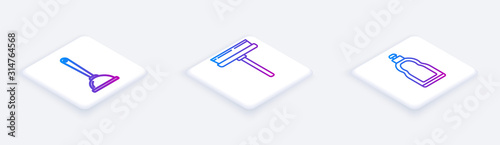 Set Isometric line Toilet plunger, Squeegee, scraper, wiper and Plastic bottles for liquid dishwashing liquid. White square button. Vector