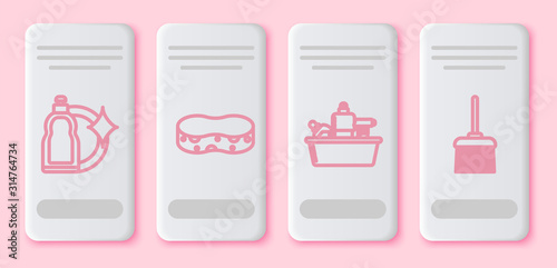 Set line Plastic bottles for liquid dishwashing liquid, Sponge , Plastic bottles for liquid dishwashing liquid and Handle broom . White rectangle button. Vector