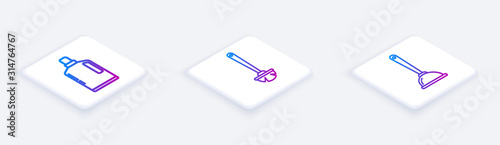 Set Isometric line Plastic bottles for liquid dishwashing liquid, Toilet brush and Toilet plunger. White square button. Vector