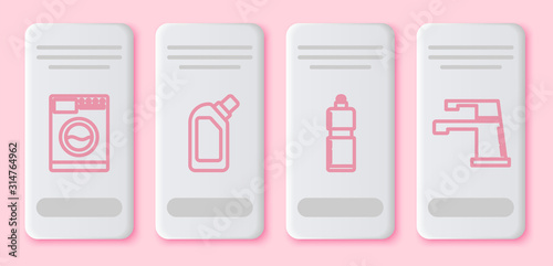 Set line Washer , Plastic bottles for liquid dishwashing liquid, Plastic bottles for liquid dishwashing liquid and Water tap . White rectangle button. Vector