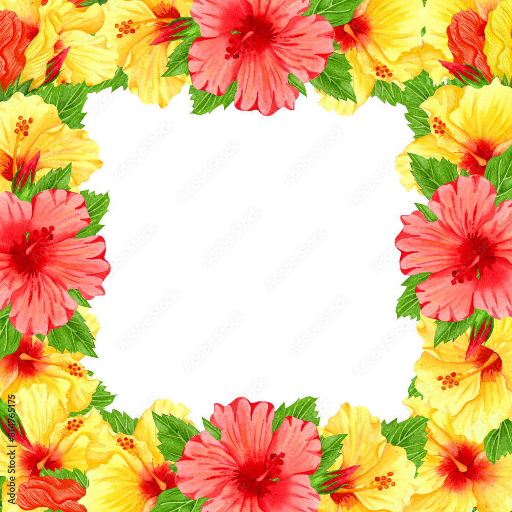 Obraz premium Watercolor frame with red and yellow hibiscus flowers. Hand drawn floral border with tropical flowers and leaves. Wedding invitation, greeting card, design. Tropical wreath.