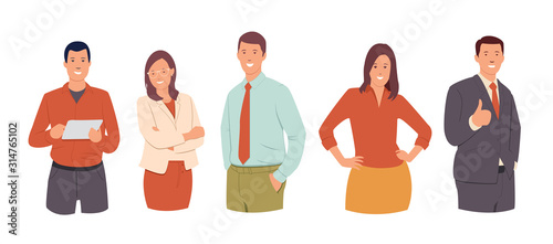People flat vector illustrations set. Businessman,  man dressed in  a light blue shirt, young businesswoman, man  with a tablet, woman  posing with hands on hip. Young team cartoon characters