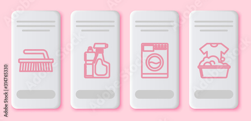 Set line Brush for cleaning , Plastic bottles for liquid dishwashing liquid, Washer and Plastic basin with soap suds . White rectangle button. Vector