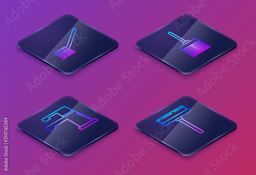 Set Isometric line Toilet brush , Water tap , Handle broom and Squeegee, scraper, wiper. Blue square button. Vector