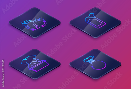 Set Isometric line Washing dishes , Plastic basin with soap suds , Plastic bottles for liquid dishwashing liquid and Cleaning spray bottle with detergent liquid . Blue square button. Vector