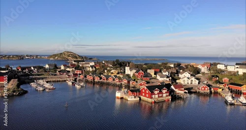 4K Reine Lofoten islands. Beautiful scenery of the town of Reine. Birds eye view drone footage