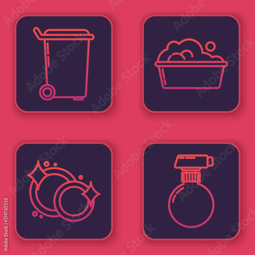 Set line Trash can , Washing dishes , Plastic basin with soap suds and Cleaning spray bottle with detergent liquid . Blue square button. Vector