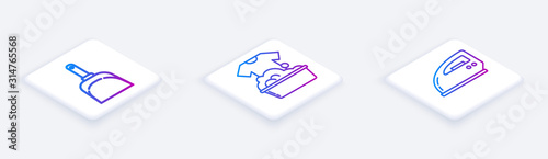 Set Isometric line Dustpan , Plastic basin with soap suds and Electric iron . White square button. Vector