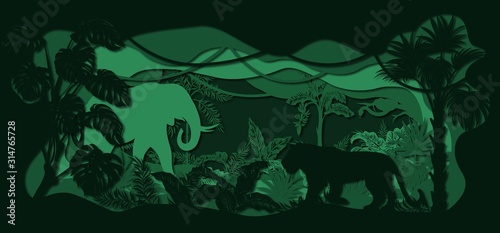 Laser cut paper  template for DIY scrapbooking. Tiger  elephant  Snake  serpent  panther. Animals  mammals  wildlife  tree  grass  palms. Night in Jungle from plotter paper.