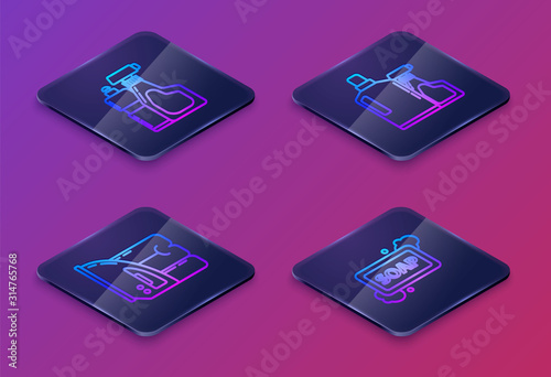 Set Isometric line Plastic bottles for liquid dishwashing liquid, Electric iron and towel , Plastic bottles for liquid dishwashing liquid and Bar of soap with foam . Blue square button. Vector
