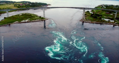 4K Saltstraumen current tide vortex. Bird's eye view drone footage