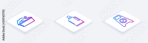 Set Isometric line Plastic basin with soap suds , Plastic bottles for liquid dishwashing liquid and Wet floor and cleaning in progress . White square button. Vector
