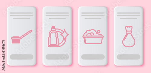 Set line Toilet brush , Plastic bottles for liquid dishwashing liquid, Plastic basin with soap suds and Garbage bag . White rectangle button. Vector