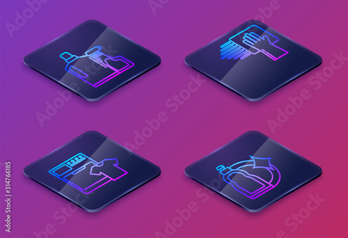 Set Isometric line Plastic bottles for liquid dishwashing liquid, Washer and t-shirt , Cleaning service and Plastic bottles for liquid dishwashing liquid. Blue square button. Vector