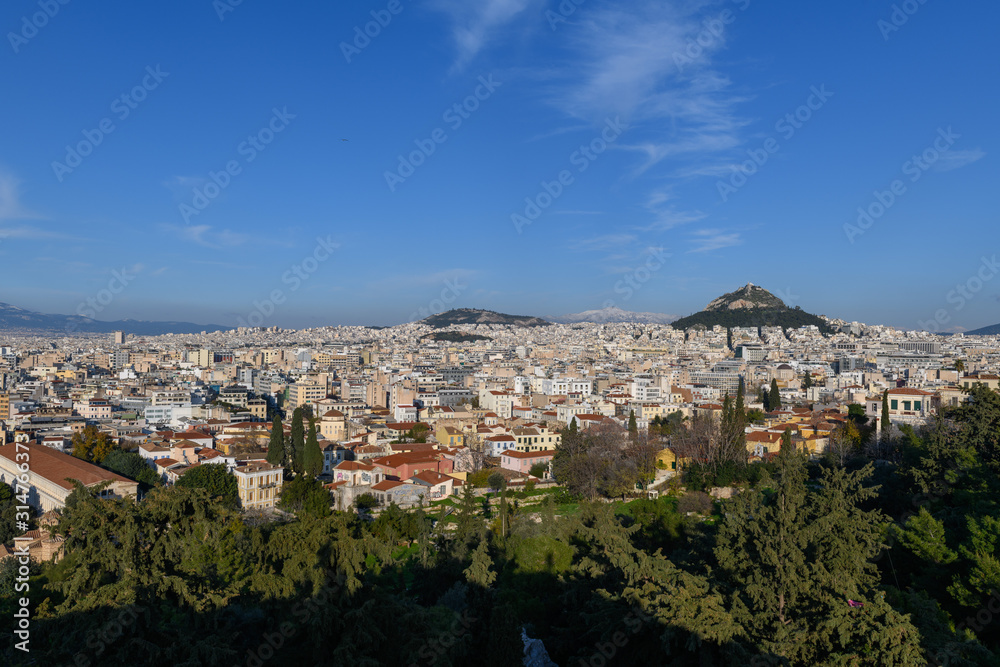 Day view to Athens and Lycabettus Hill in the background. Athens, Greece.