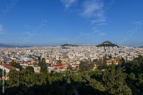 Day view to Athens and Lycabettus Hill in the background. Athens, Greece.