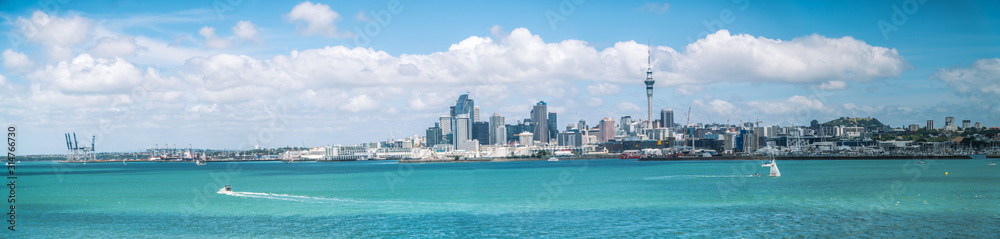 Panorama of Auckland City Waterfront and the Waitemata Harbour on a Bright Summer Day Panorama of Auckland City Waterfront and the Waitemata Harbour on a Bright Summer Day