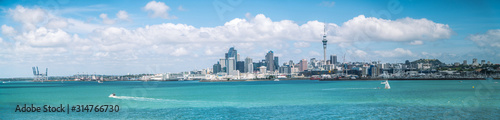 Panorama of Auckland City Waterfront and the Waitemata Harbour on a Bright Summer Day