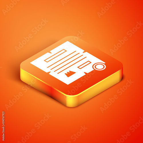 Isometric Decree, paper, parchment, scroll icon icon isolated on orange background.  Vector Illustration