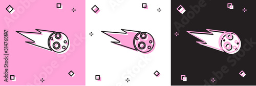 Set Comet falling down fast icon isolated on pink and white, black background.  Vector Illustration