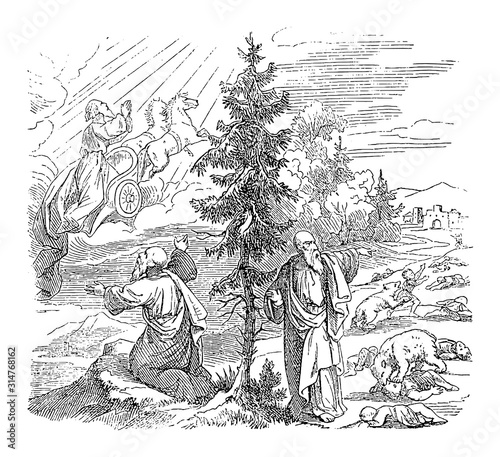 Vintage drawing or engraving of biblical story of prophet Elijah taken to heaven by chariot, two bears maul boys insulting Elisha.Bible, Old Testament, 2 Kings 2. Biblische Geschichte , Germany 1859.