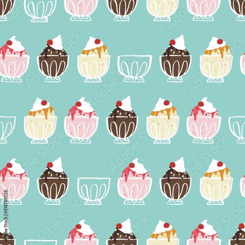 Seamless vector pattern with chocolate, vanilla, and strawberry ice cream sundaes and sundae dishes in rows on a teal blue background. Fun food illustration for fabric, packaging, gifts.