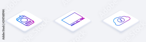 Set Isometric line Beer can , Video game console and Music streaming service . White square button. Vector