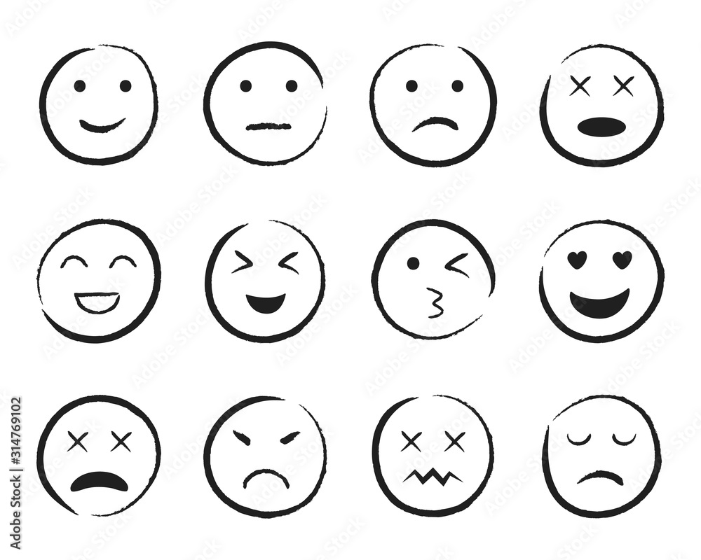 Emiji smile face hand drawn style. Happy, sad, angry face doodle icon. Emoji for social media. Cartoon people faces on isolated background. Expression emotion line style. Design vector Emiji smile face hand drawn style. Happy, sad, angry face doodle icon. Emoji for social media. Cartoon people faces on isolated background. Expression emotion line style. Design vector