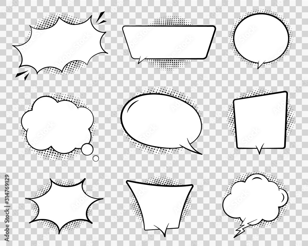 Retro comic speech bubble. Chat cloud for text on transparent background.  Vintage empty speech bubble with dots. Cartoon think balloon of message.  Comic dialog sketch illustration. Design vector Stock Vector | Adobe