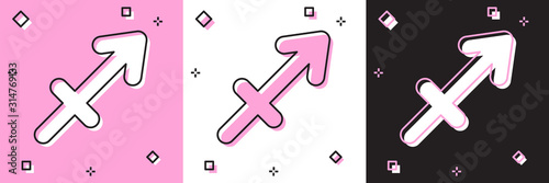 Set Sagittarius zodiac sign icon isolated on pink and white, black background. Astrological horoscope collection.  Vector Illustration