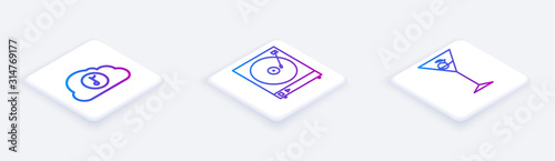 Set Isometric line Music streaming service , Vinyl player with a vinyl disk and Martini glass . White square button. Vector