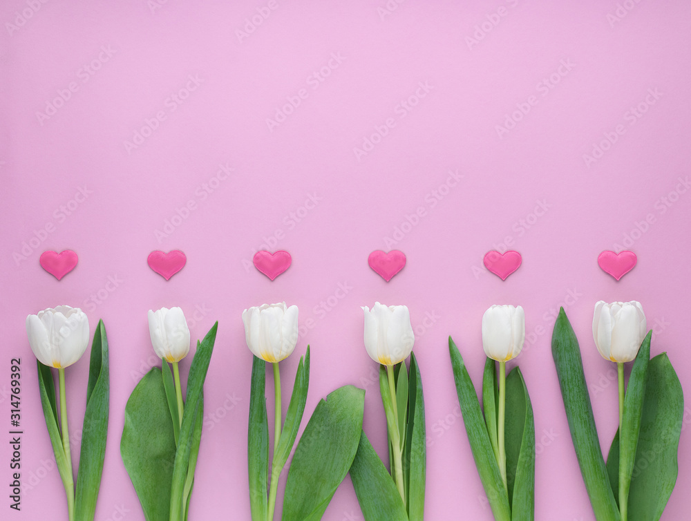 White tulips with hearts on pink background. Happy Valentine's day. White tulips with hearts on pink background. Happy Valentine's day.